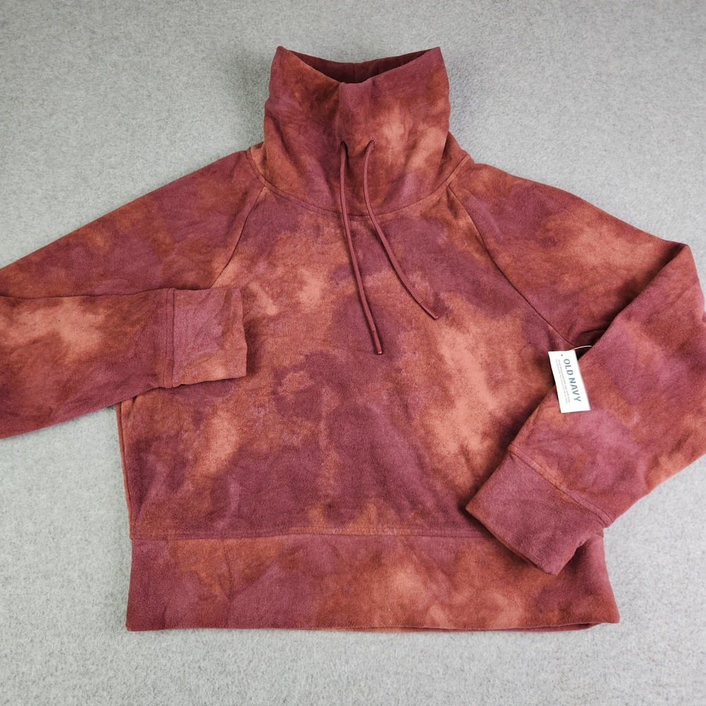 Old Navy Go-Warm Cropped Sweatshirt Womens Small Red Tie Dye Fleece Funnel Neck